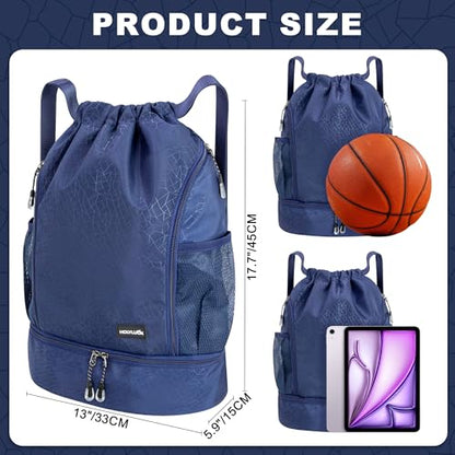 HOLYLUCK Drawstring Backpack with Shoe Compartment, Gym Bag Backpack for Men Women, Cinch Swim Beach Bag String Sports Bag for Soccer and Basketball, Blue - color: Blue