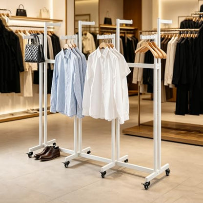 Floor Standing Metal Garment Rack - Heavy Retail Display Racks With Wheels | 8 Arms Clothing Rack, Square Tubing Portable Shirt Rack, Merchandise Display RackFor Hanging Clothes (L-White) - color: L-White