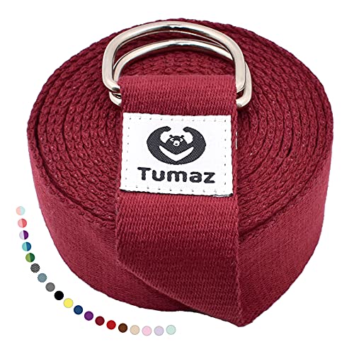 Tumaz Yoga Strap for Stretching with Adjustable D-Ring, 6/8/10 ft | Adjustable D-Ring | Soft Cotton Blend | 15+ Colors | Non-Elastic Yoga Belt for Pilates Stretching & Physical Therapy - color: 08. Burgundy, size: 8 Feet (with Storage Band)
