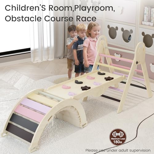 Pikler Triangle Set, Baby Climbing Playset Toys Indoor, Jungle Gyms for Toddlers Ages 1-4, Toddler Climbing Playground with Cushion & Toy Car - color: Purple