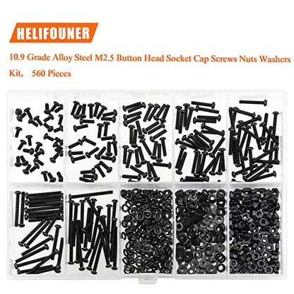 HELIFOUNER 560 Pieces M2.5 x 4mm /6mm /8mm /10mm /12mm /16mm /20mm, Button Head Socket Cap Screws Bolts Washers Nuts Kit, 10.9 Grade Alloy Steel, Full Threaded, Black - size: M2.5, style: Button Head