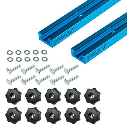 POWERTEC 71890 24" Double-Cut Profile T-Track and 10PK T-Track Knob Kit w/ 7-Star 1/4 Threaded Knob, Bolts and Washers, For Woodworking Jigs - style: 24" T Track + Knob Kits