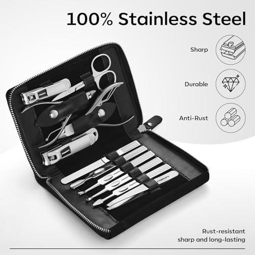 Manicure Kit, FAMILIFE Professional Manicure Set Nail Kit, 11 in 1 Stainless Steel Nail Clippers Set, with Portable Black Leather Travel Case Luxury Gifts for Him - color: Black