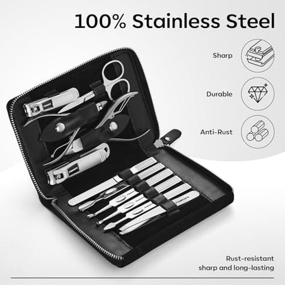 Manicure Kit, FAMILIFE Professional Manicure Set Nail Kit, 11 in 1 Stainless Steel Nail Clippers Set, with Portable Black Leather Travel Case Luxury Gifts for Him - color: Black