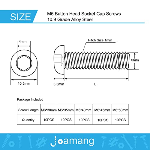 M6 x 30mm 35mm 40mm 45mm 50mm Button Head Socket Cap Screws Bolts, 10.9 Grade Alloy Steel, Black Oxide Finish, Metric Allen Hex Drive, Fully Threaded, Assortment Kit 50Pcs - size: Button M6x30-50 mm