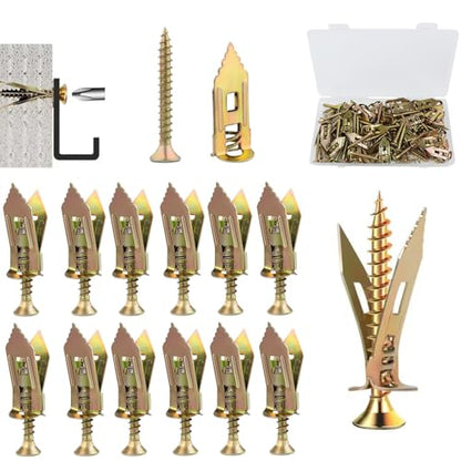 160 Pcs Self Drilling Drywall Anchors with Screws Kit for Cabinets, Shelves, Shelf Straps, Bicycles, Curtains No Drill or Holes in Wall 80 Sheetrock Anchors & 80 Zinc Plated Expansion Screws