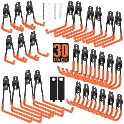 Garage Hooks, Anti-Slip Heavy Duty Wall Mount Hooks, 30-Pack | Hanging Storage for Bikes, Ladders, Hoses, Ropes, Garden Tools - For Warehouse, Workshop, Shed, Shop, Yard - color: 30 Pack Orange