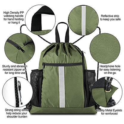 BeeGreen Moss Green Drawstring Bag Pack Sport Cinch Sack with Shoe Compartment and Two Side Mesh Pockets Heavy Duty Gym String Backpack for Unisex - color: Moss Green, style: Drawstring With Shoe Compartment