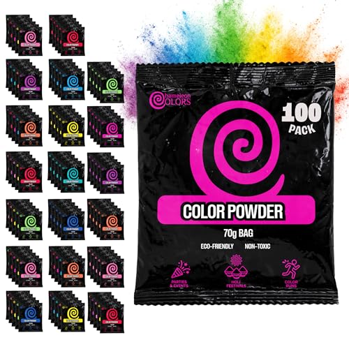 Chameleon Colors 70g Individual Color Powder Packs - 100 Pack - 10 Vibrant Colors - Non-Toxic & Gluten-Free - Great for Holi, Color Wars, Fun Run, Gender Reveal, Summer Camp & More - size: 100 Pack
