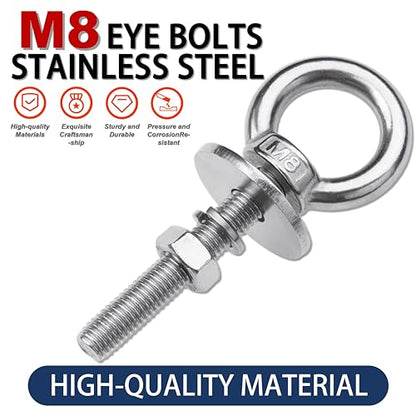4 Pack M8 Stainless Steel Eye Bolts with Nuts, 5/16" x 2" Eye Bolts | 304 Stainless Steel Eye Bolt,Eye Bolts Heavy Duty for Hang Tie Down Outdoor,m8 eye bolt,Long Lifting Ring Eye Bolt - size: M8x51mm (5/16"x2")