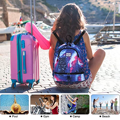 Dry Wet Drawstring Backpack with Shoe Compartment for Women Adjustable Gym Bag - color: Galaxy
