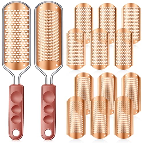 Moxweyeni 14 Pack Colossal Foot File Pedicure Tool Set with 2 Style Large and Small Hole Replacement Callus Remover Blades Rose Gold Stainless Steel Detachable Pedicure Foot Rasp for Dead Skin Remover - color: Rose Gold