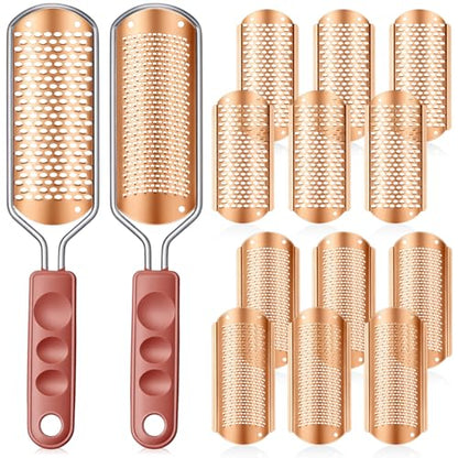 Moxweyeni 14 Pack Colossal Foot File Pedicure Tool Set with 2 Style Large and Small Hole Replacement Callus Remover Blades Rose Gold Stainless Steel Detachable Pedicure Foot Rasp for Dead Skin Remover - color: Rose Gold