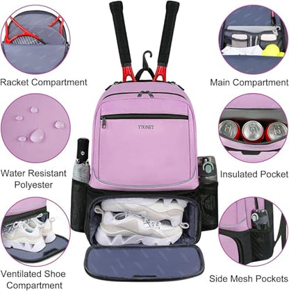 Ytonet Tennis Bag Tennis Backpack for Women Men 2 Rackets | Insulated Pocket and Ventilated Shoe Compartment, Gym Bags with Fence Hook for Pickleball and Badminton Rackets - color: Purple