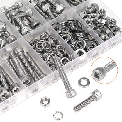 HELIFOUNER 212 Pieces M5 x 8mm /10mm /12mm /16mm /20mm /25mm /30mm, Hex Socket Head Cap Screws Bolts Washers Nuts Kit, 304 Stainless Steel - size: M5 Screw Kit (212 PCS)