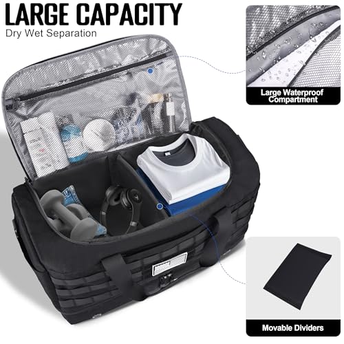 MOZETO Black Duffle Bag for Men, 45L Carry On 22x14x9 Travel Duffle with Shoe Compartment Tactical Inspired Heavy Duty GYM Overnight Bag Wet-Dry Separated Compartment