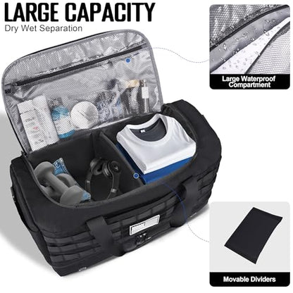 MOZETO Black Duffle Bag for Men, 45L Carry On 22x14x9 Travel Duffle with Shoe Compartment Tactical Inspired Heavy Duty GYM Overnight Bag Wet-Dry Separated Compartment