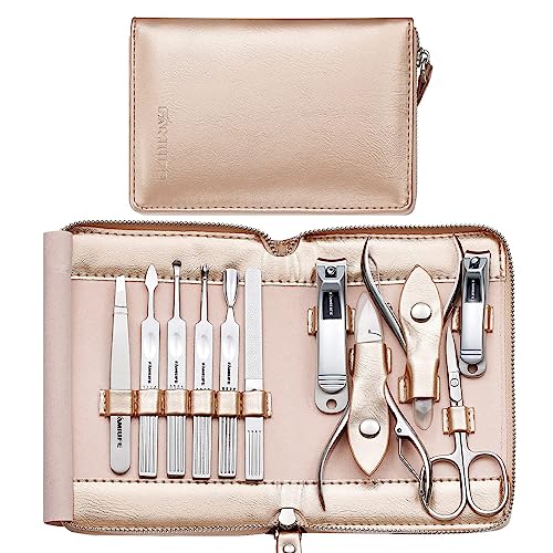 FAMILIFE Gifts for Women, Manicure Set Professional Manicure Kit 11 in 1 Nail Kit Nail Clippers Tools Stainless Steel with Rose Gold Leather Case Travel Sets - color: Gold