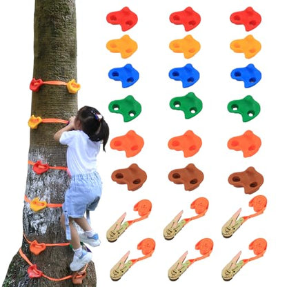 Climbing Hold for Kids Outdoor-Ninja Tree Climbing Rocks 18 Pcs with 6 Ratchet Straps Grip Kits for Outdoor Ninja Warrior Obstacle Course Training (Rocks 12 Pcs and 6 Ratchet)