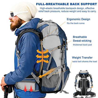 Loowoko 50L Hiking Backpack, Waterproof Camping Essentials Bag with Rain Cover, 45+5 Liter Lightweight Backpacking Back Pack - color: Dark Blue