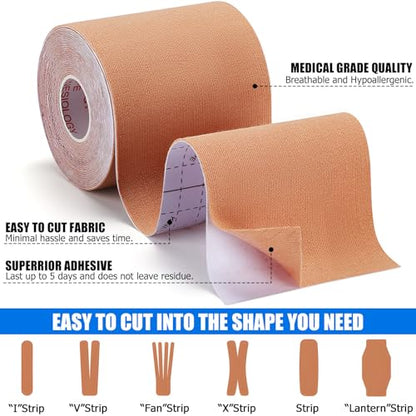 3 Rolls Kinesiology Tape, Waterproof, 3in x 5.5yd, Beige | Waterproof & Sweat-Resistant, Breathable Latex-Free Cotton, For Shoulder, Knee, Fit Sports, Workouts & Active Training - color: Beige 3in