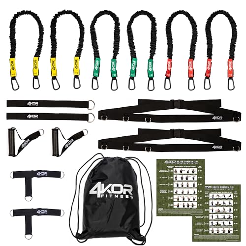 4KOR Deluxe Shoulder and Full Body Cross Anchored Resistance Cord System with Interchangeable Handles, Foot Straps, and Workout Guide. Exercise Bands with Nylon Sleeves, Anchors, and Carry Bag - color: Black Edition, 3 Levels