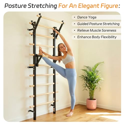 Wood Swedish Ladder Stall Bars with Adjustable Double Support Arms, Wooden Gymnastics Wall Climbing Bars for Home Gym, Exercise Rehabilitation, Hanging Pull Up & Core Balance Training Station