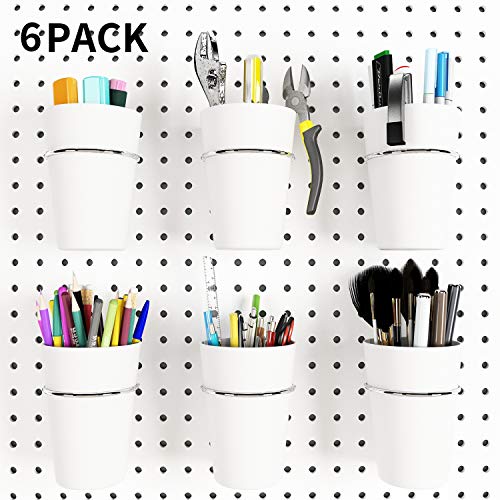 Kuhome 6 Sets Pegboard Hooks with Pegboard Cups, Ring Style Pegboard Bins with Rings, Pegboard Cup Holder Accessories for Organizing Storage (White) - color: White