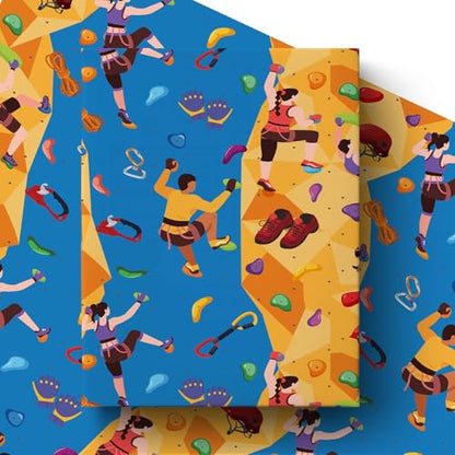 Liobelon Rock Climbing Wrapping Paper Roll – 17" x 16.5 Ft Climbing Gear Gift Wrap with Climbers, Carabiner, Rope & Chalk Bag, Bouldering Birthday Supplies for Outdoor Adventurers - color: Rock Climbing
