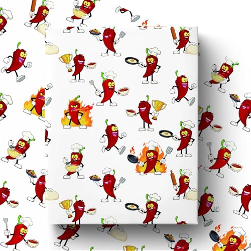 Liobelon Chili Cook Off Wrapping Paper Roll – 17" x 16.5 Ft Funny Chili Pepper Gift Wrap with Cartoon Chili Characters Cooking, Angry & Frying Egg for Taco Party, Western Theme, Birthday, Fiesta Party - color: Chili Cook Off