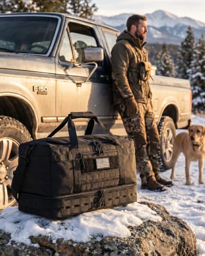 HOTOR Tactical Travel Duffel Bags for Men & Women with MOLLE Toiletry Pouch | 45L, Overnight, Weekender, Gym, Camping, Shoe Compartment, Carry-On Friendly, Versatile, Black, 22.0" x 12.6" x 9.0"