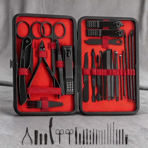 24-Pcs Professional Nail Kit & Complete Nail Cutter Set with Travel Case, Includes Cuticle Trimmer & Nail Design Tools, Mens & Women Fingernail Grooming Kit(Black/Red)
