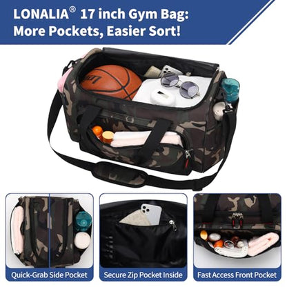 30L Gym Sport Duffle Bag - 17 inch Carry on Weekender Overnight Bag for Travel, Workout, Fitness (Camo-30L) - color: Camo