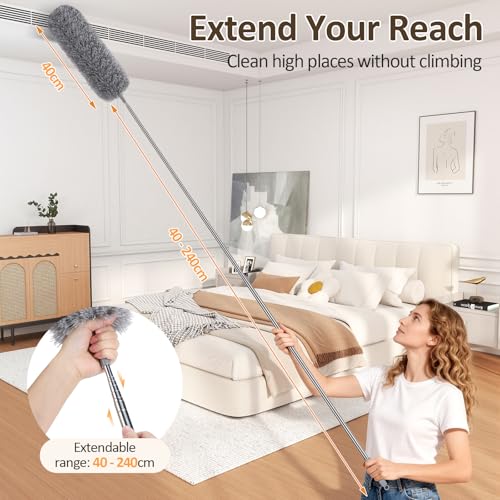 Extendable Feather Duster, Microfibre Dusters for Cleaning, Washable Long Handled Duster with 40-240 cm Telescopic Pole and Groove Brush, for High Ceilings, Household, Cars