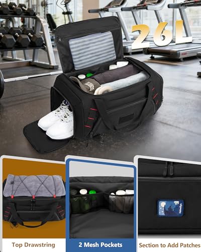 Smasrob 26L Gym Duffle Bag with Backpack Straps, Shoe Compartment and Wet Pocket, Small Duffle Bag for Travel and Sports, Black