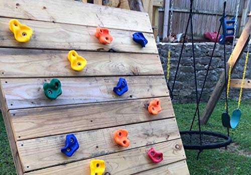KINSPORY 10pc Rock Wall Climbing Holds for Kid, Play Set Climber Attachment | Colourful anti-slip pig nose rocks, two blue handles, complete mounting hardware for indoor outdoor playground building