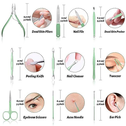Manicure Pedicure Set, Nail Clipper Set for Men Women, Professional Manicure Kit Pedicure Kit, Nail Care Kit with Green Travel Leather Bag, Set 12 in 1 - color: green