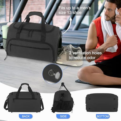 Gym Bag for Men Women, Sports Duffle Bag with Wet Pocket & Shoes Compartment, Water Resistant Overnight Weekender Bag Duffel Bag - color: Black