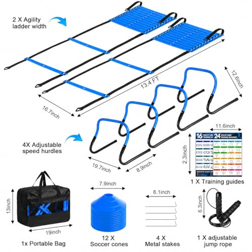 BORNEW 2 Pack Agility Ladder, Soccer Speed Training Equipment Set with Total 26 ft Agility Ladder, 12 Cones, 4 Adjustable Hurdles, Jump Rope, for Soccer, Basketball, Football, Kids, Youth, Adults - color: 2.Blue