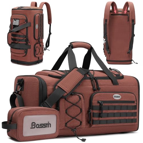 Bosstin Gym Bag for Men & Women,45L Travel Duffle Sports Duffel Bag Gym Weekender Overnight Backpack with Shoe Compartment (COFFEE CHECKERED) - color: COFFEE CHECKERED