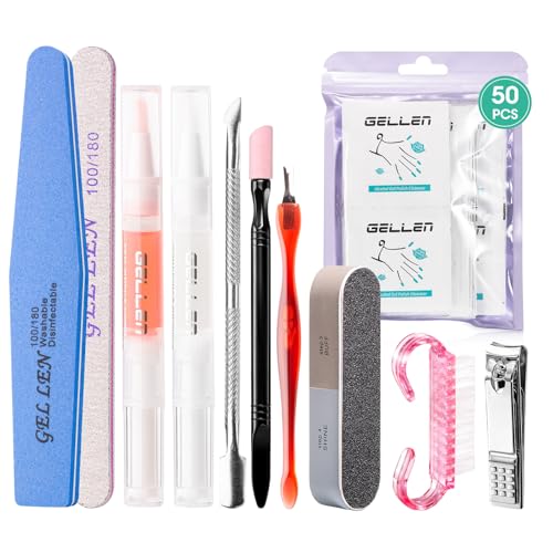 GELLEN Nail Cleanser Pads 50PCS with 10PCS Manicure Tools Kit | Ceramic Cuticle Pusher Pen, Remover and Cuticle Oil Nail Prep Care Kit, Nail File 100/180, Polishing Buffer, Clipper & Brush - size: 50PCS with 10PCS Tools