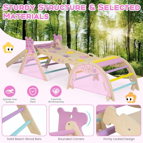 HONEY JOY Pikler Triangle Set, 9 in 1 Foldable Wooden Triangle Climber w/Arch, Ramp, Climbing Rope & Ladder, Baby Indoor Playground Jungle Gym, Montessori Climbing Toy for Toddlers (Purple) - color: Purple