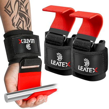 Weight Lifting Hooks (Pair) for Deadlifts, Pull Ups, Rows & Shrugs - Anti-Rip Nylon Strap Hand Grips with Thick Wrist Padding - Heavy Duty Wrist Straps for Weightlifting & Gym Workouts - color: Red