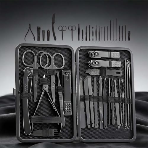 Nail Clippers Set,24 Piece Manicure Set & Pedicure Kit (Black Black) | Stainless Steel Fingernail & Toenail Nail Care Tools with Travel Case for Men and Women - color: Black