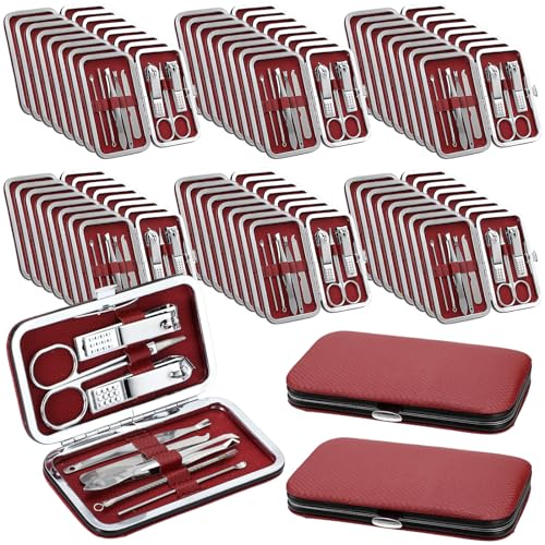 Geosar 50 Set 8 in 1 Travel Manicure Kit Bulk Professional Nail Clippers Pedicure Nail Care Tools Grooming Stainless Steel Set with Portable Travel Case, Gift for Valentine Men Women(Red) - color: Red