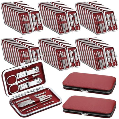 Geosar 50 Set 8 in 1 Travel Manicure Kit Bulk Professional Nail Clippers Pedicure Nail Care Tools Grooming Stainless Steel Set with Portable Travel Case, Gift for Valentine Men Women(Red) - color: Red