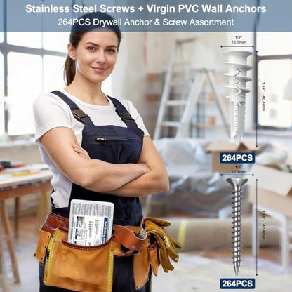 120Pcs Self-Drilling Drywall Anchors with Stainless Steel Screws #8 x 1-1/4”, Heavy Duty Wall Anchors Kit, Rust Resistant Screws, Hollow Wall Anchors for Drywall, Home Improvement DIY, Organizer Box