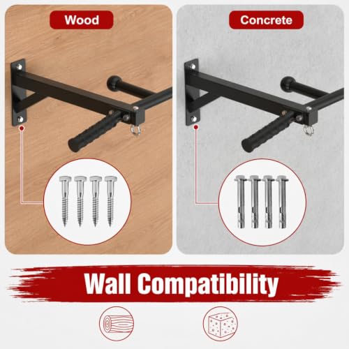 Upgrade Wall Mount Pull Up Bar, Heavy Duty Steel PullUp Bar Fits 24'' Wood Studs, Multi Grip Pull Up Bar with Ball Finger & Round Rings, for Home Gym Garage Basement Strength Training Chin Up Bar