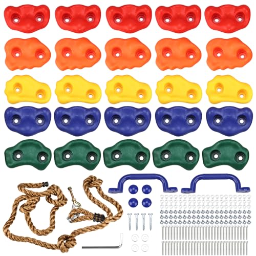 Yaegoo 25pcs Rock Climbing Holds, Rock Climbing Holds with Climbing Rope and Handles, Mounting Hardware Included