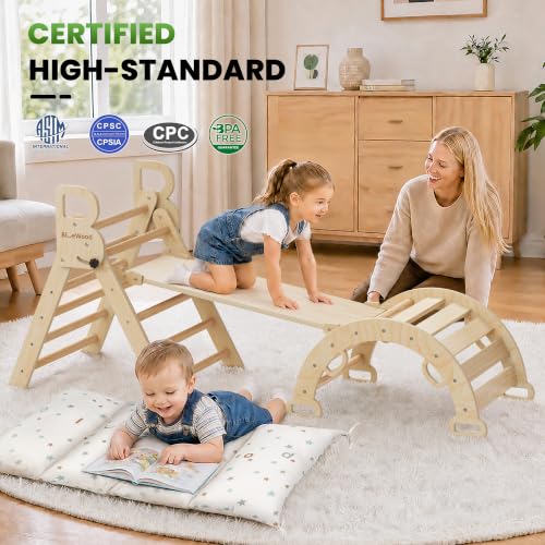 Pikler Triangle Set with Cushion, Wooden Climbing Toys for Toddler | Foldable 8-in-1 Montessori Philosophy Toddler Climbing Toys Indoor with Reversible Ramp, Arch and Ladder - Natural Wood - color: Natural Wood